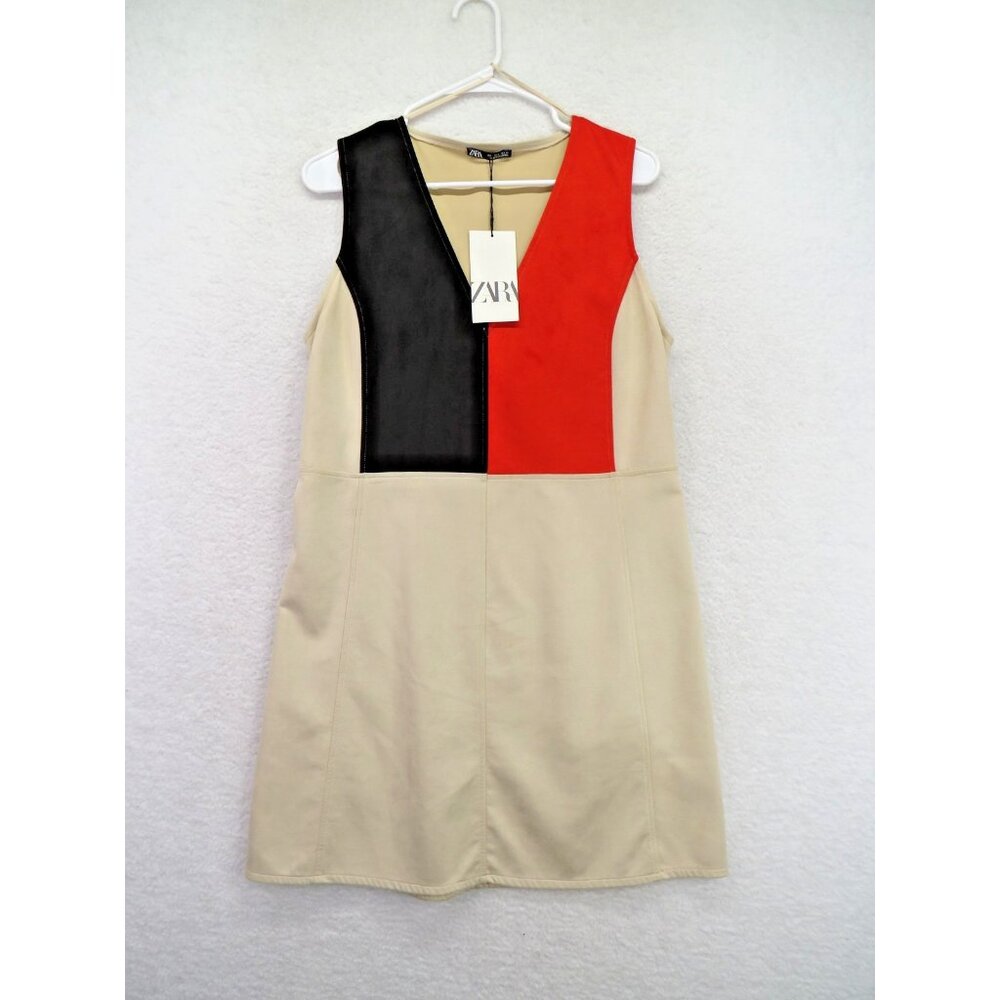 Zara Dress Womens Large Black Red Beige Colorblock Sleeveless V Neck Shift NWT‎